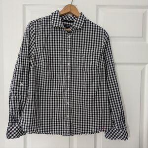 Talbots Classic Navy Gingham Button Up Long Sleeve Cotton Shirt Size 10